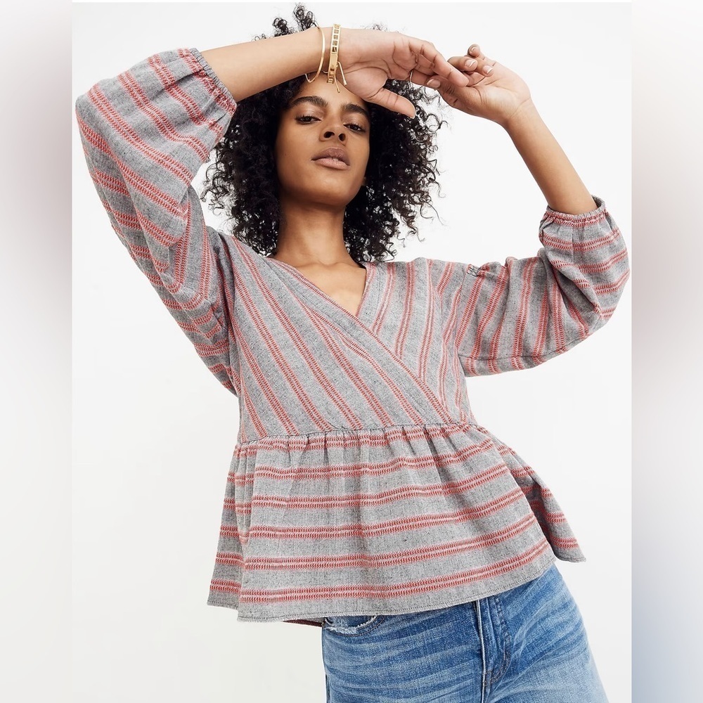 Madewell Red and Grey Striped Bubble-Sleeve Peplum Top
